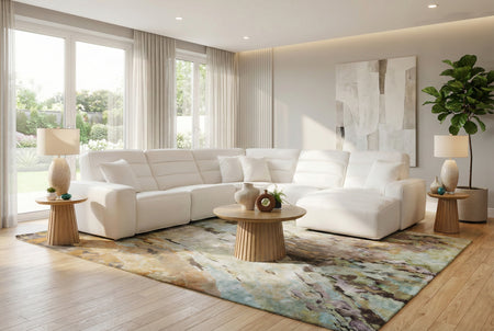 Cabretta 5 Piece Power Reclining Sectional with a Left Arm Facing Dual Power Recliner, an Armless Chair, a Wedge, an Armless Dual Power Recliner, and a Right Arm Facing Chaise