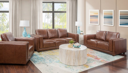 Callie Chestnut 3 Piece Leather Sofa, Loveseat, and Chair