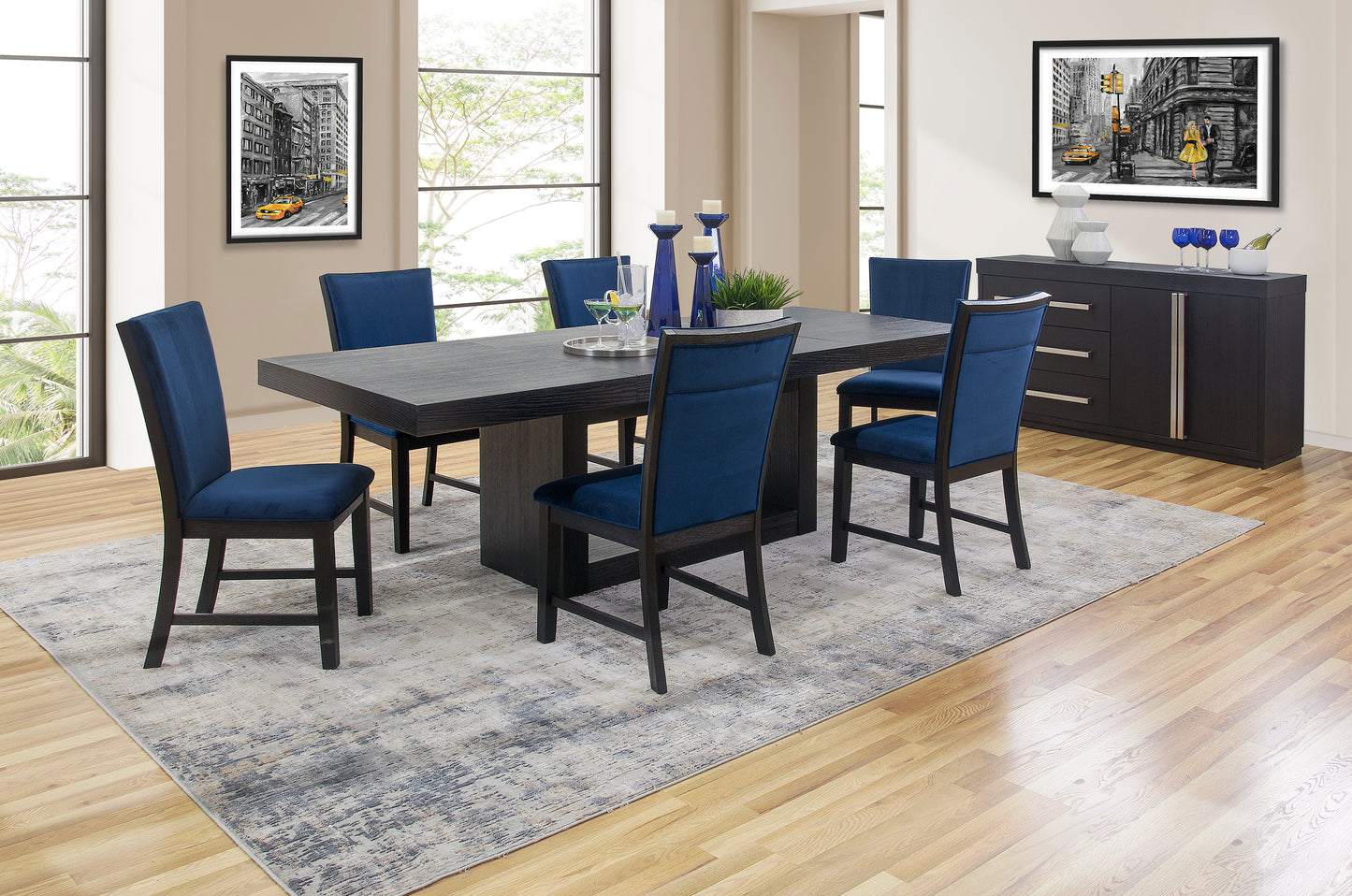 Cosmopolitan 5 Piece Rectangular Dining Set with Upholstered Back Navy Chairs