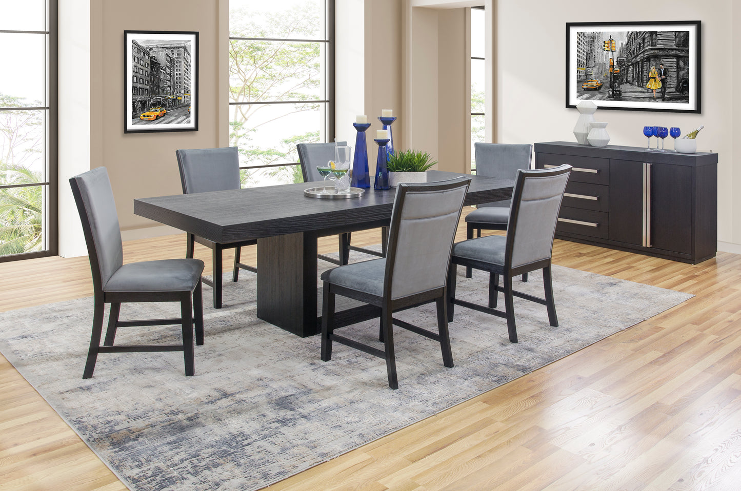 Cosmopolitan 5 Piece Rectangular Dining Set with Upholstered Back Grey Chairs