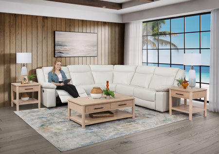 Seccional reclinable eléctrico doble de cuero Dallas Ivory de 5 piezas
