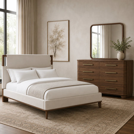 Delia Walnut 5 Piece King Upholstered Panel Bedroom