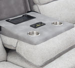 Tunes 3 Piece Zero Gravity Dual Power Sofa with Drop Down Table and Immersive Sound, Loveseat with Cooling Console and Immersive Sound, and Recliner