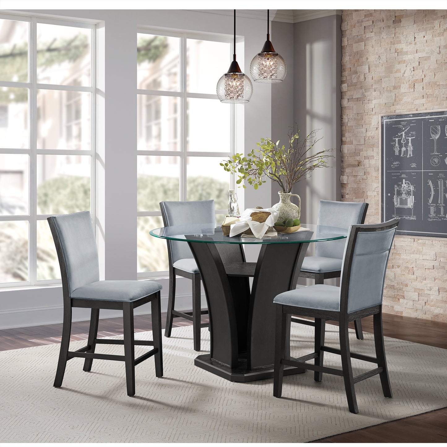 Cosmopolitan 5 Piece Counter Height Set with Upholstered Back Grey Chairs