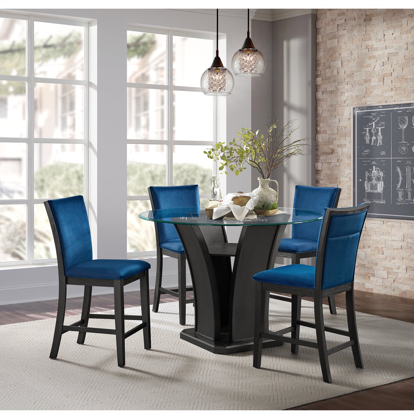Cosmopolitan 5 Piece Counter Height Set with Upholstered Back Navy Chairs