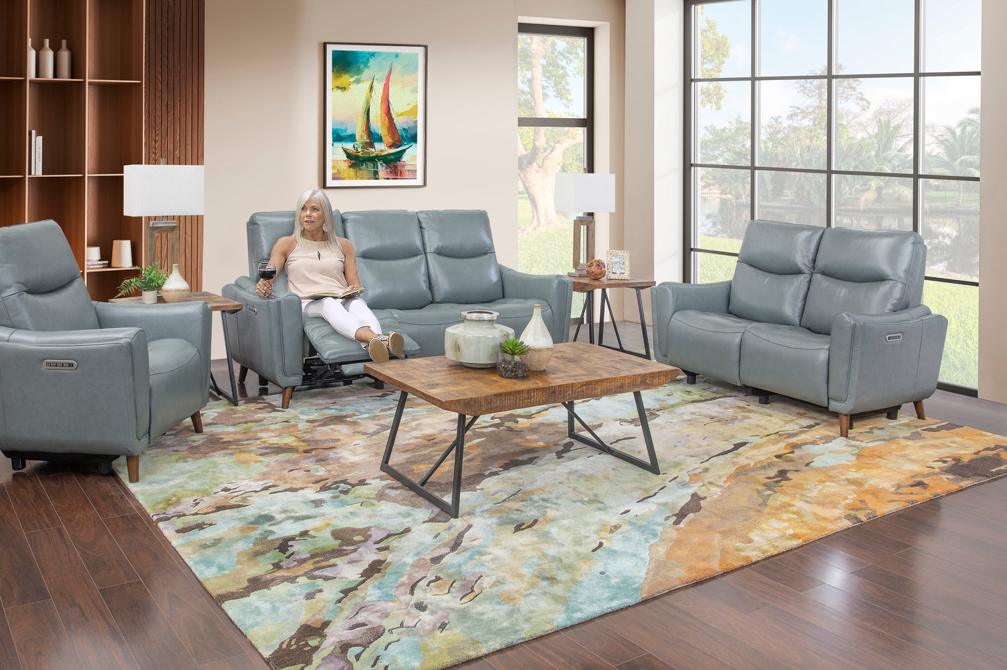 Ethan Teal 3 Piece Leather Triple Power Sofa-Loveseat-Recliner