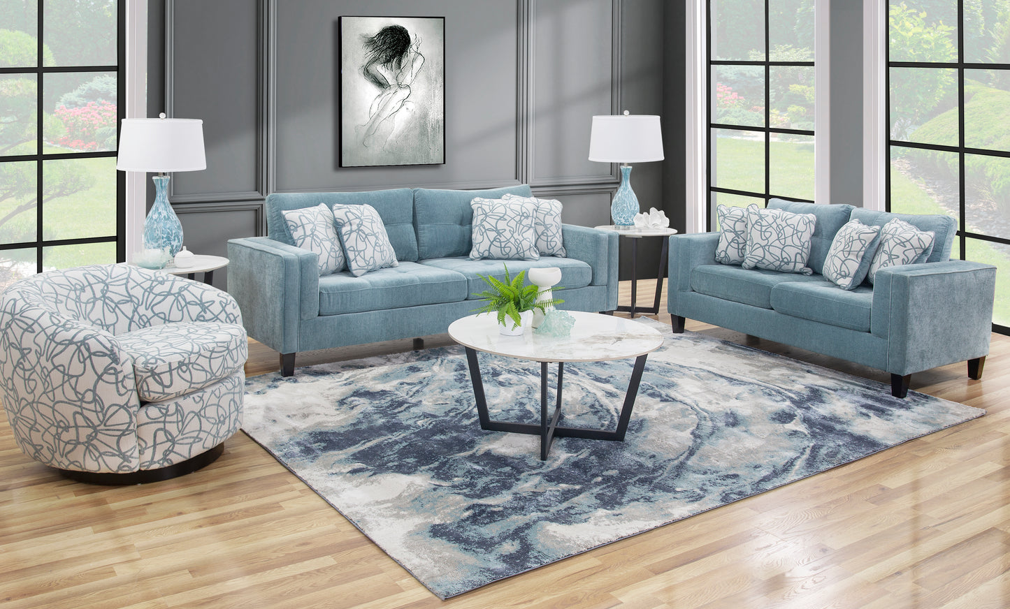 Fleming Teal 3 Piece Living Room