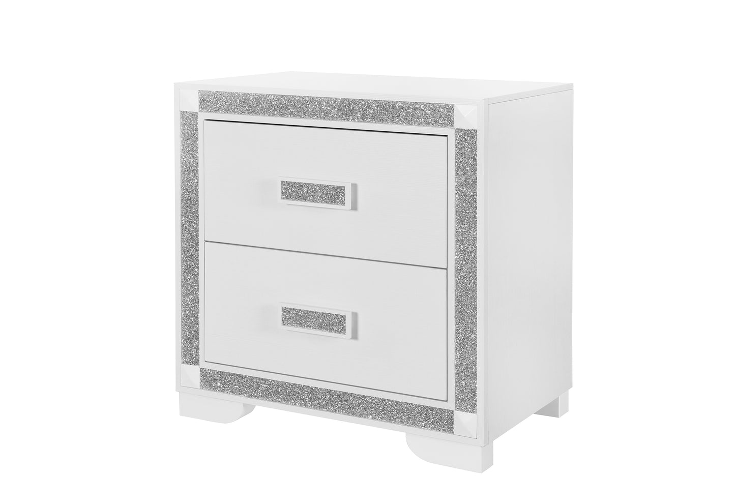 White nightstand with silver glittery trim on a white background