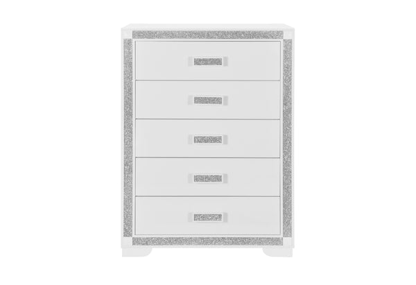 White dresser with decorative silver trim on a white background