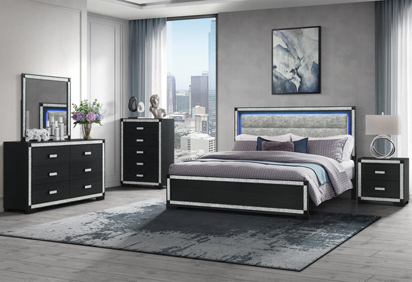 Modern bedroom set with black furniture and gray walls.