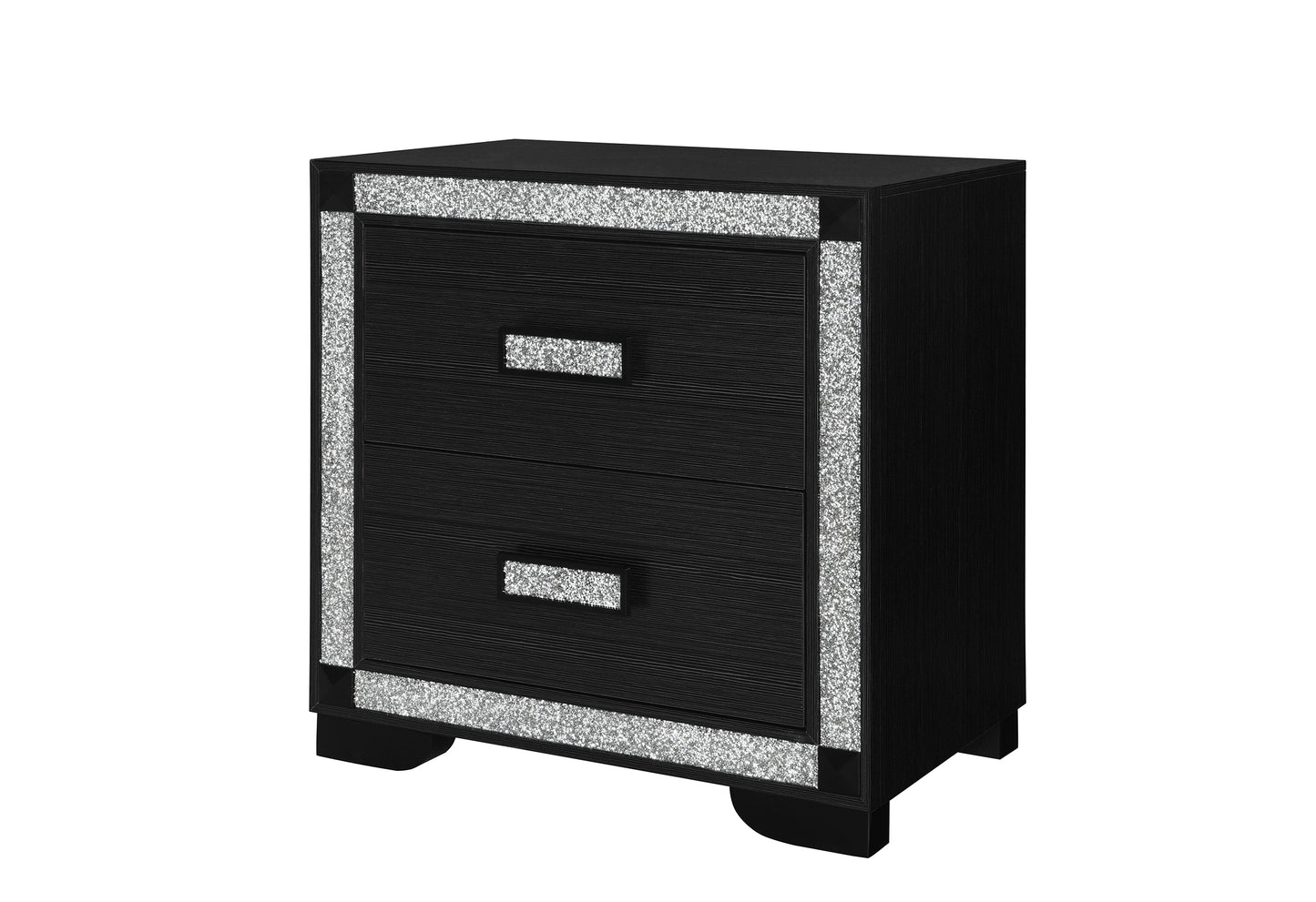 Black nightstand with silver glitter accents on a white background