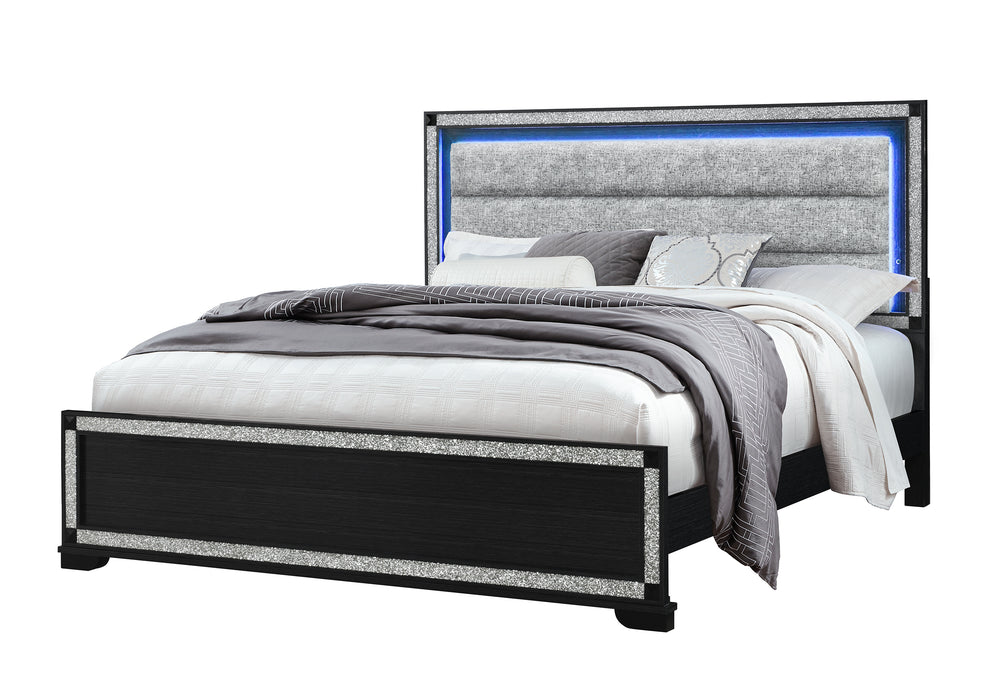 Fergie Charcoal King Upholstered Lighted Panel Bed