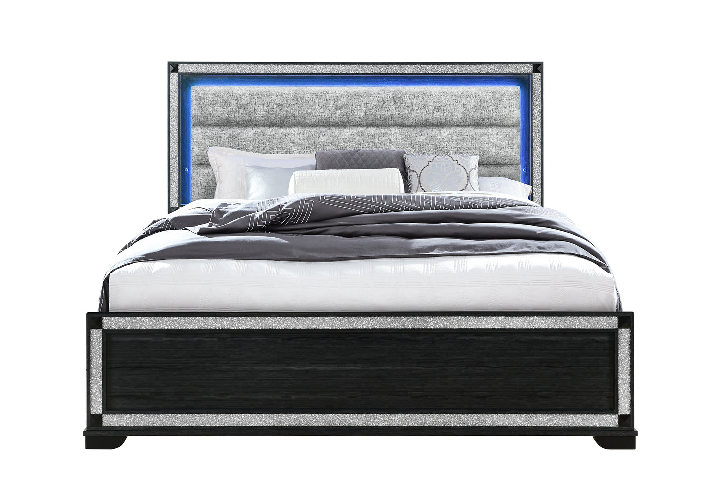 Bed with gray upholstered headboard and black frame on a white background