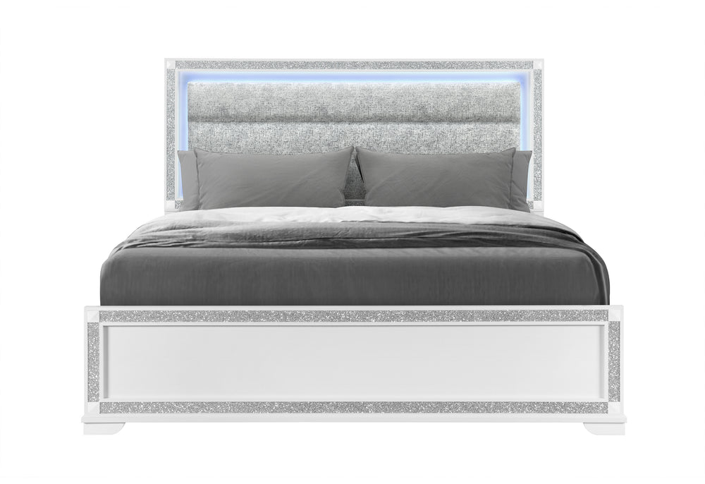 Fergie White King Upholstered Lighted Panel Bed