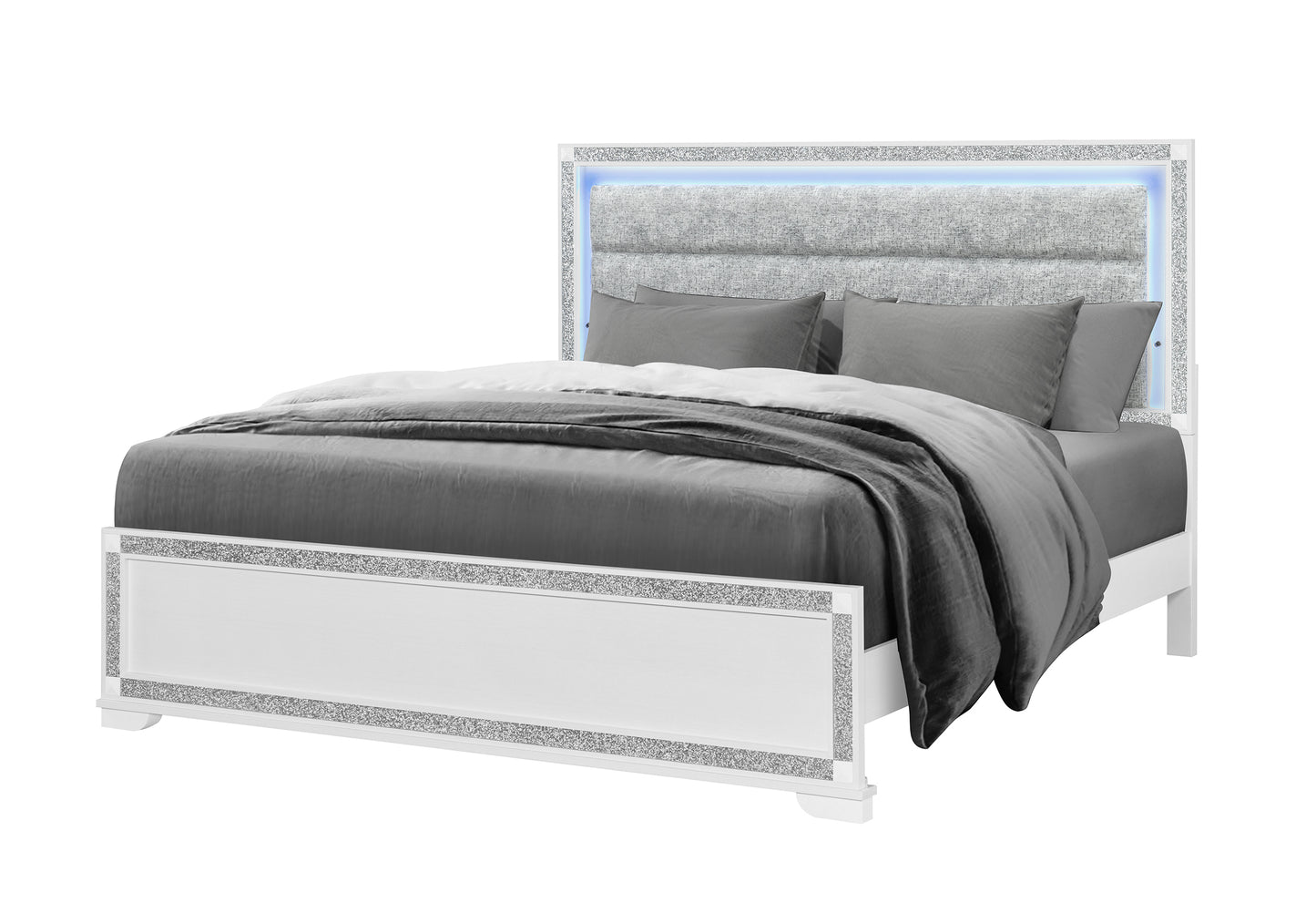 Gray upholstered bed with decorative headboard on a white background