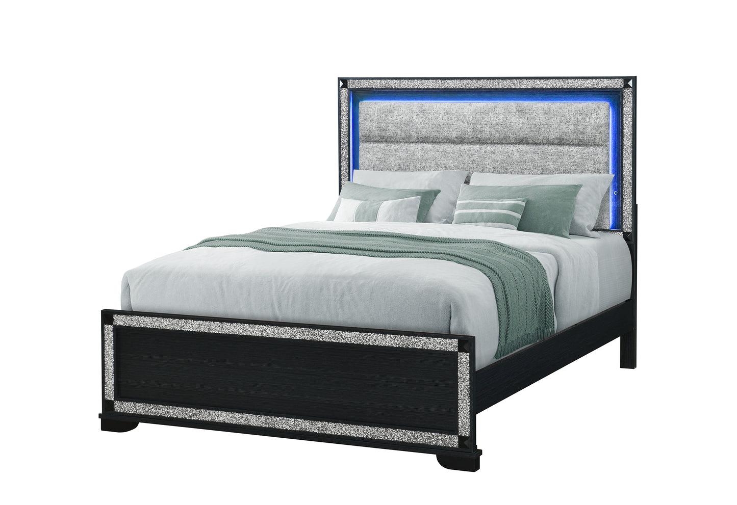 Bed with black frame, silver trim, and blue LED lighting on a white background