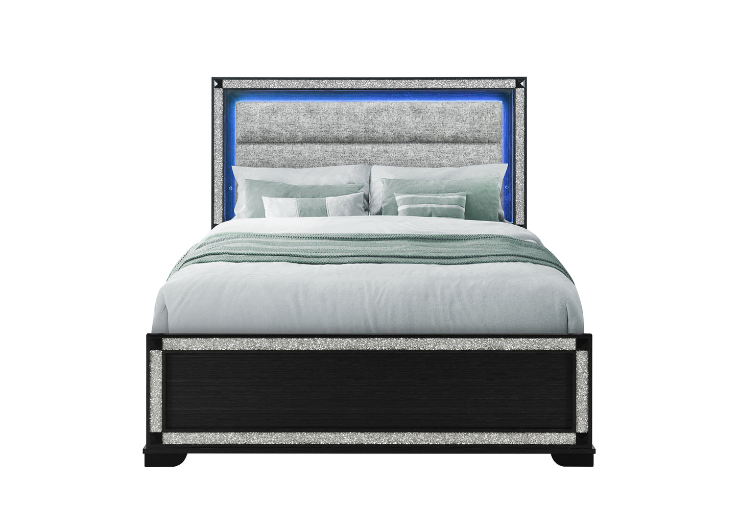 Bed with decorative headboard and black frame on a white background