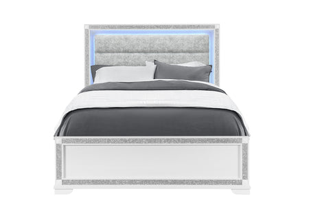 Fergie White Queen Upholstered Lighted Panel Bed