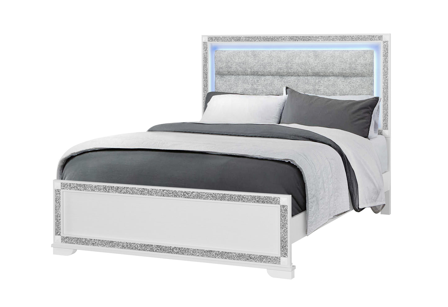 Bed with decorative headboard and bedding on a white background