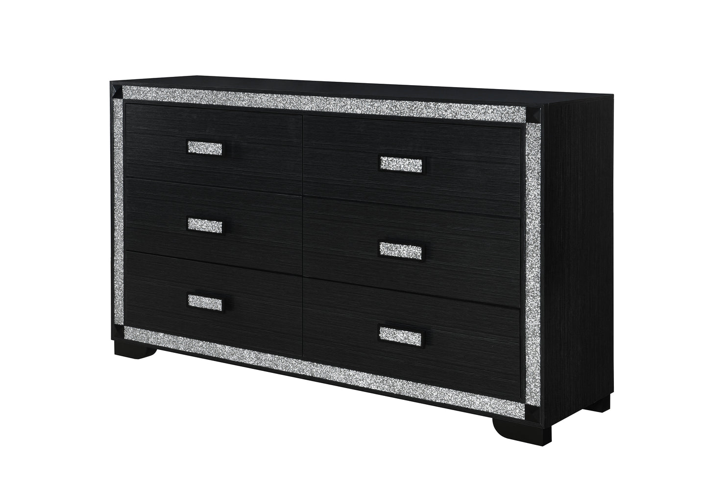Black dresser with silver glittery trim on a white background