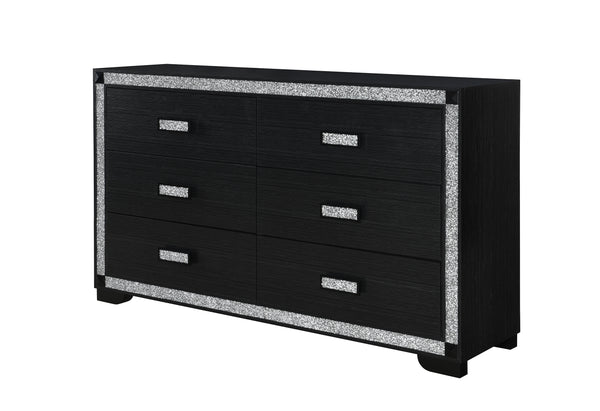Black dresser with silver glittery trim on a white background