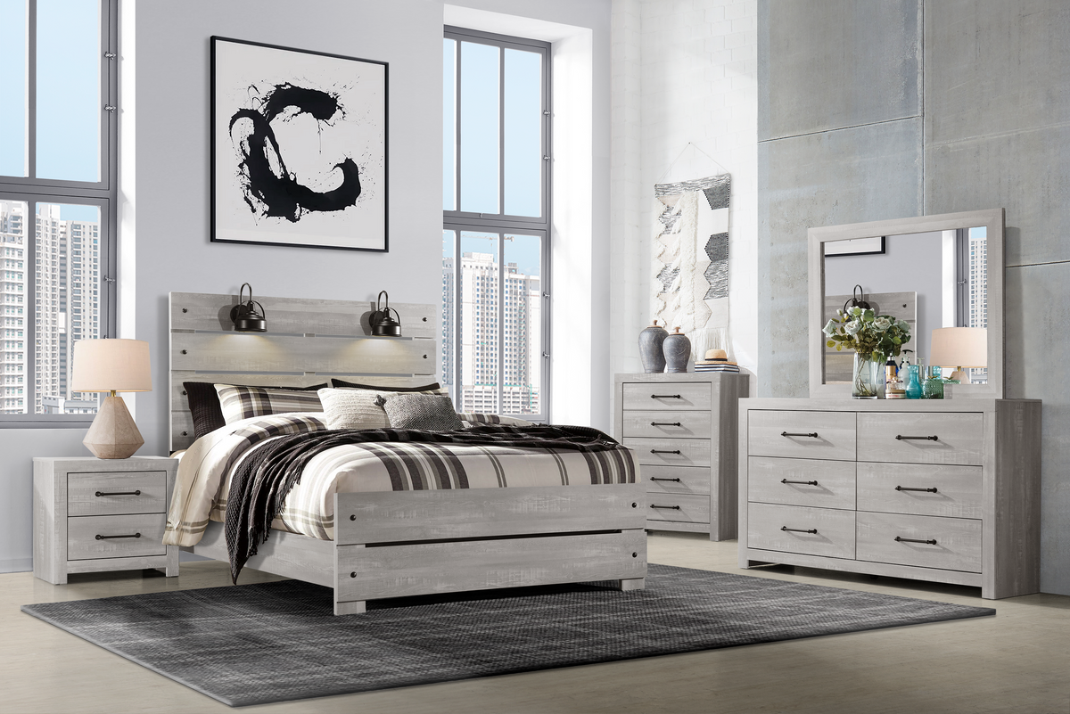 Linwood Light Grey 6 Piece Queen Lighted Panel Bedroom – Kane's Furniture