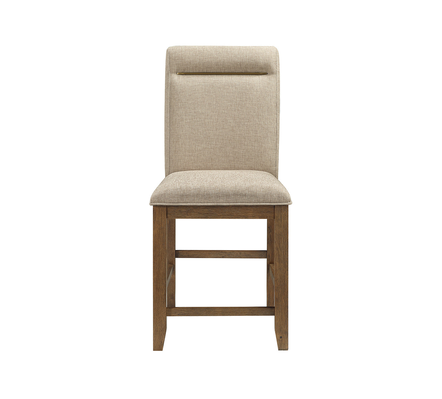 Beige upholstered chair with wooden legs on a white background