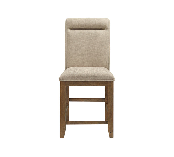 Beige upholstered chair with wooden legs on a white background