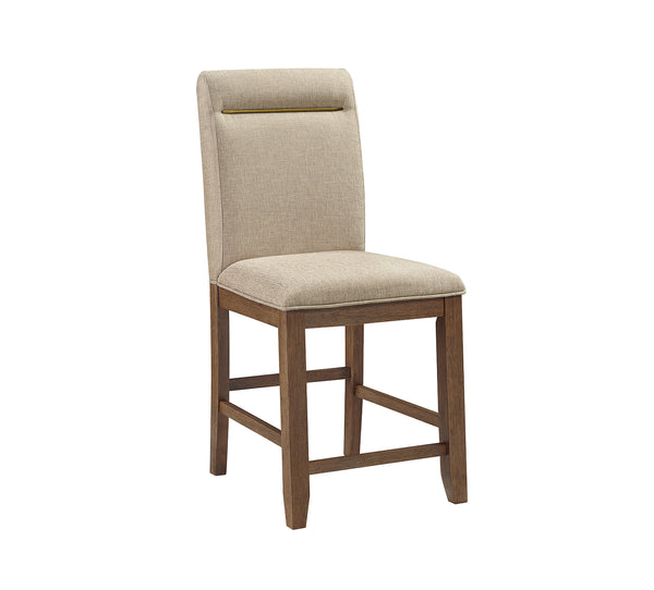 Beige cushioned bar stool with wooden legs on a white background