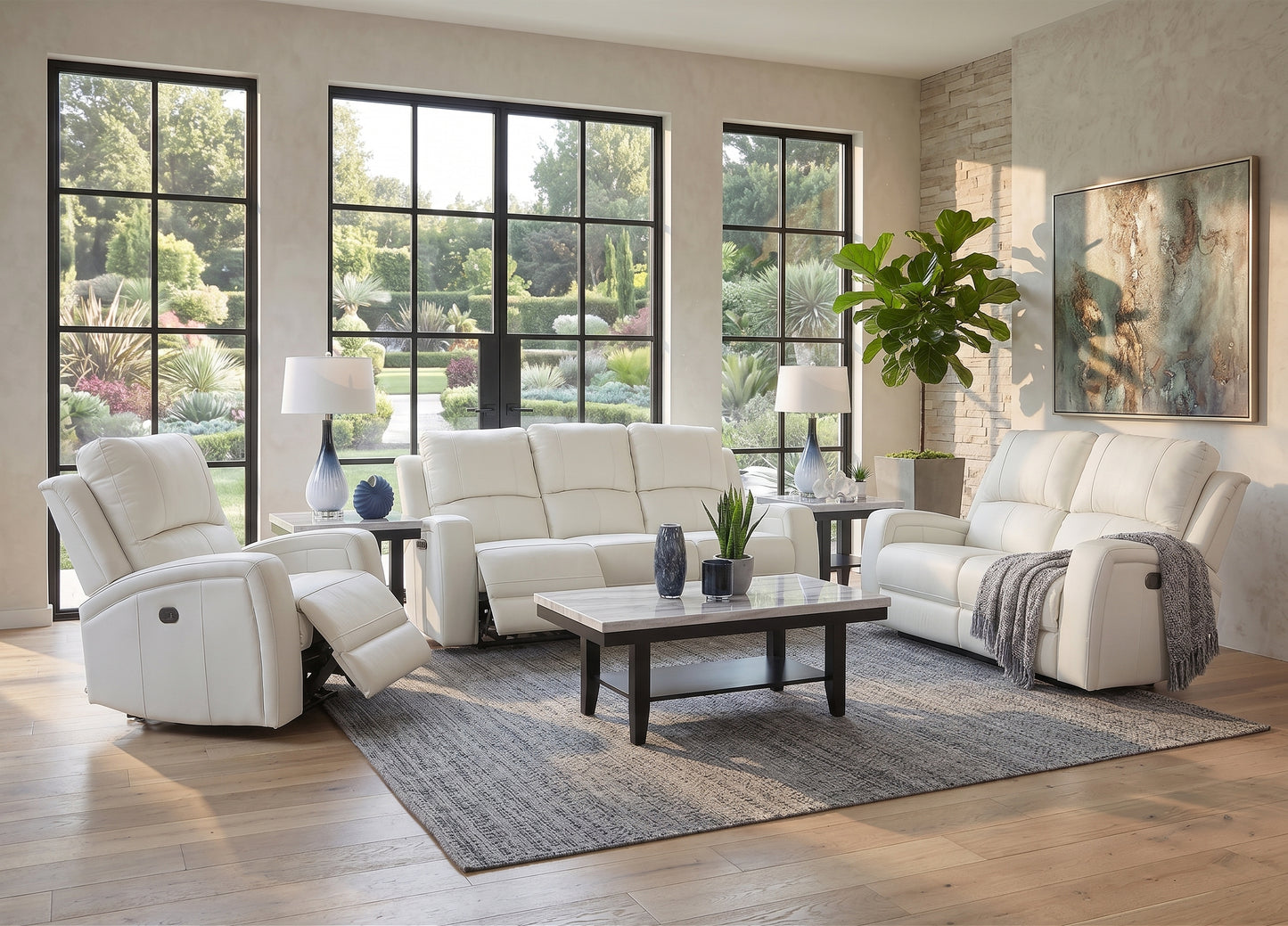Aria White 5 Piece Leather Reclining Living Room
