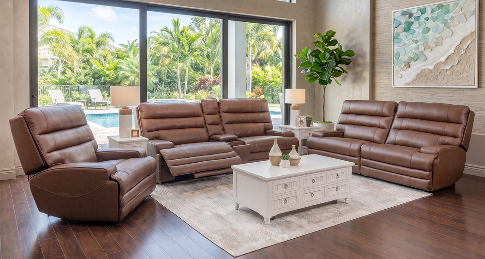Hero Umber 3 Piece Leather Zero Gravity Triple Power Console Sofa, Loveseat, and Recliner