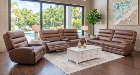 Hero Umber 3 Piece Leather Zero Gravity Triple Power Console Sofa, Loveseat, and Recliner
