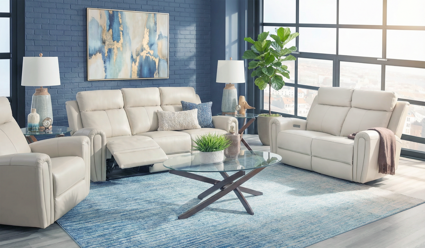 Jonathan Cream II 3 Piece Leather Reclining Sofa, Loveseat, and Recliner