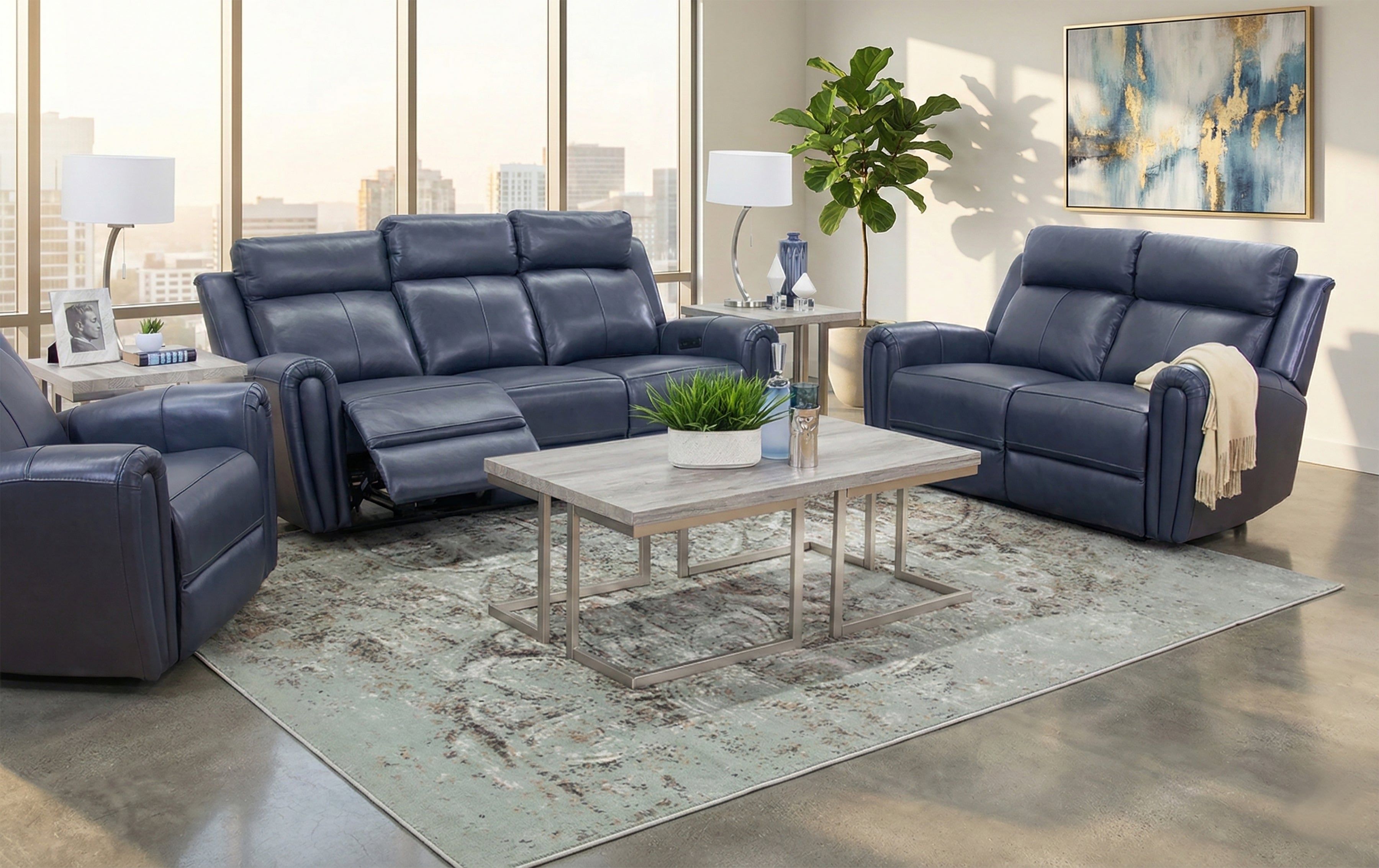 Jonathan Blue II 3 Piece Leather Reclining Sofa, Loveseat, and