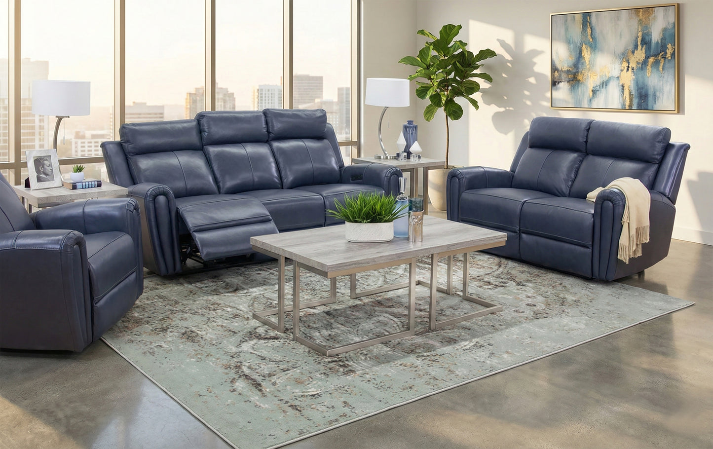 Jonathan Blue II 3 Piece Leather Reclining Sofa, Loveseat, and Recliner