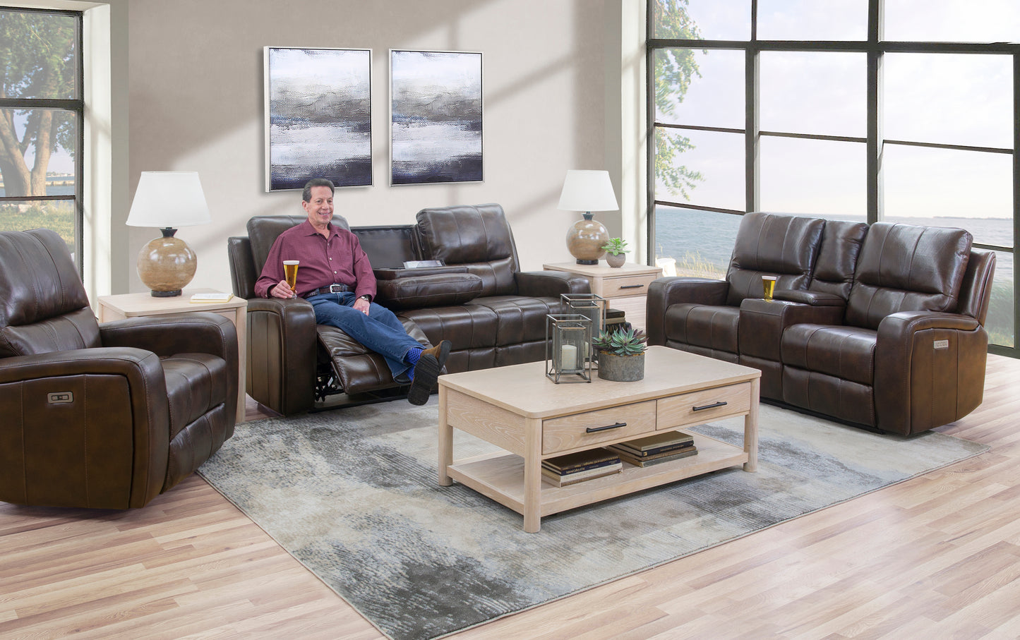 Linton 5 Piece Leather Power Living Room Kane's Furniture