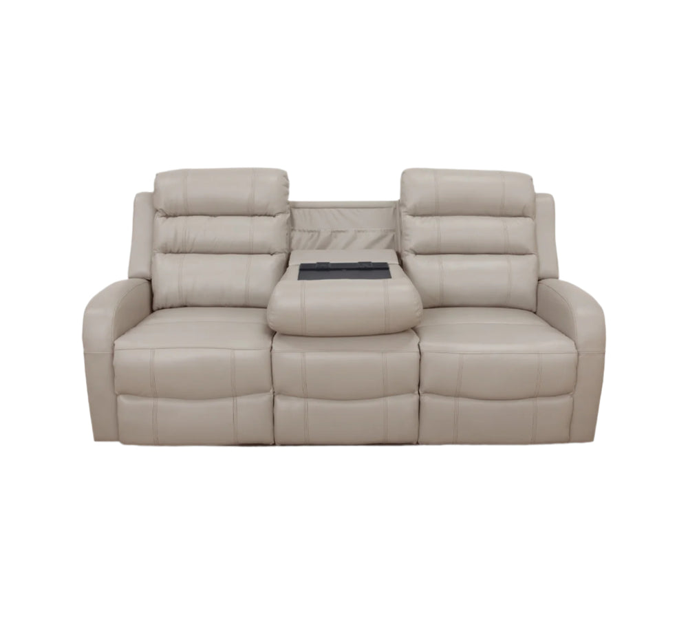Sofá de cuero Leo Taupe con tres asientos eléctricos y iTable