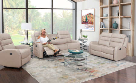 Leo Taupe 3 Piece Leather Manual Reclining Sofa, Loveseat, and Glider Recliner