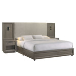 Bedroom set with bed, nightstands, and headboard on a white background