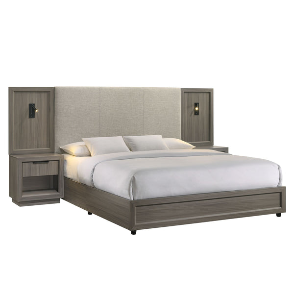 Bedroom set with bed, nightstands, and headboard on a white background