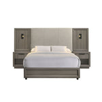 Bedroom set with bed, nightstands, and headboard on a white background