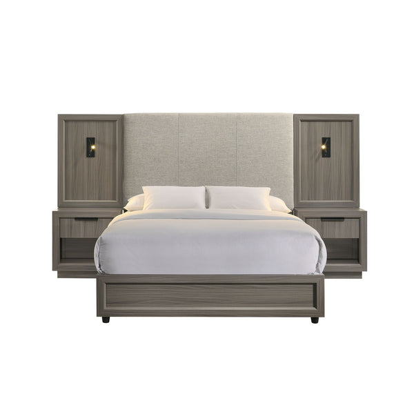 Bedroom set with bed, nightstands, and headboard on a white background