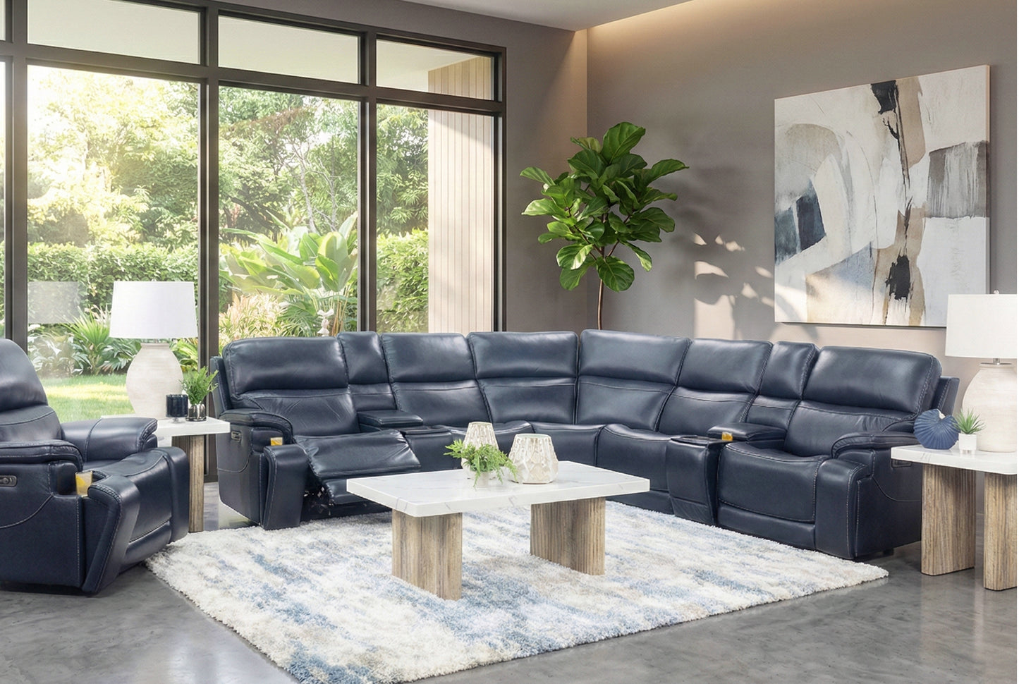 Oscar 7 Piece Leather Zero Gravity Triple Power Sectional with Left and Right Arm Facing Recliners, Armless Chair, Wedge, Armless Recliner, and 2 Storage Consoles
