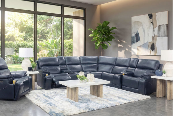 Oscar 7 Piece Leather Zero Gravity Triple Power Sectional with Left and Right Arm Facing Recliners, Armless Chair, Wedge, Armless Recliner, and 2 Storage Consoles