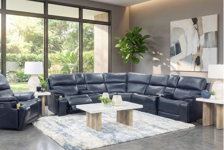 Oscar 7 Piece Leather Zero Gravity Triple Power Sectional with Left and Right Arm Facing Recliners, Armless Chair, Wedge, Armless Recliner, and 2 Storage Consoles