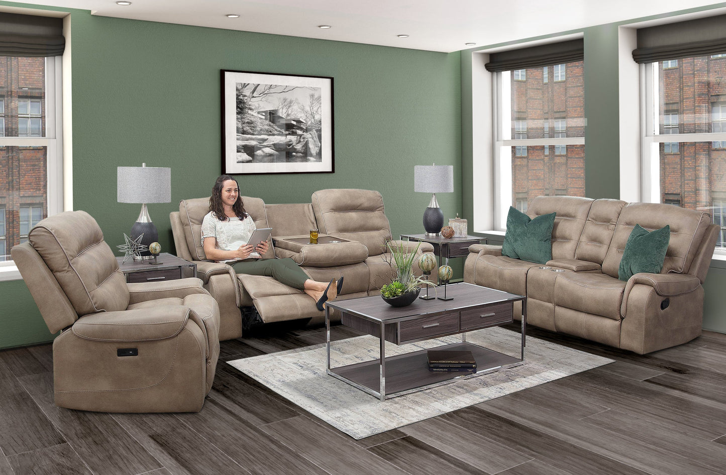 Palamino II 3 Piece Reclining Sofa w/Drop Down Table, Console Loveseat, & Glider Recliner