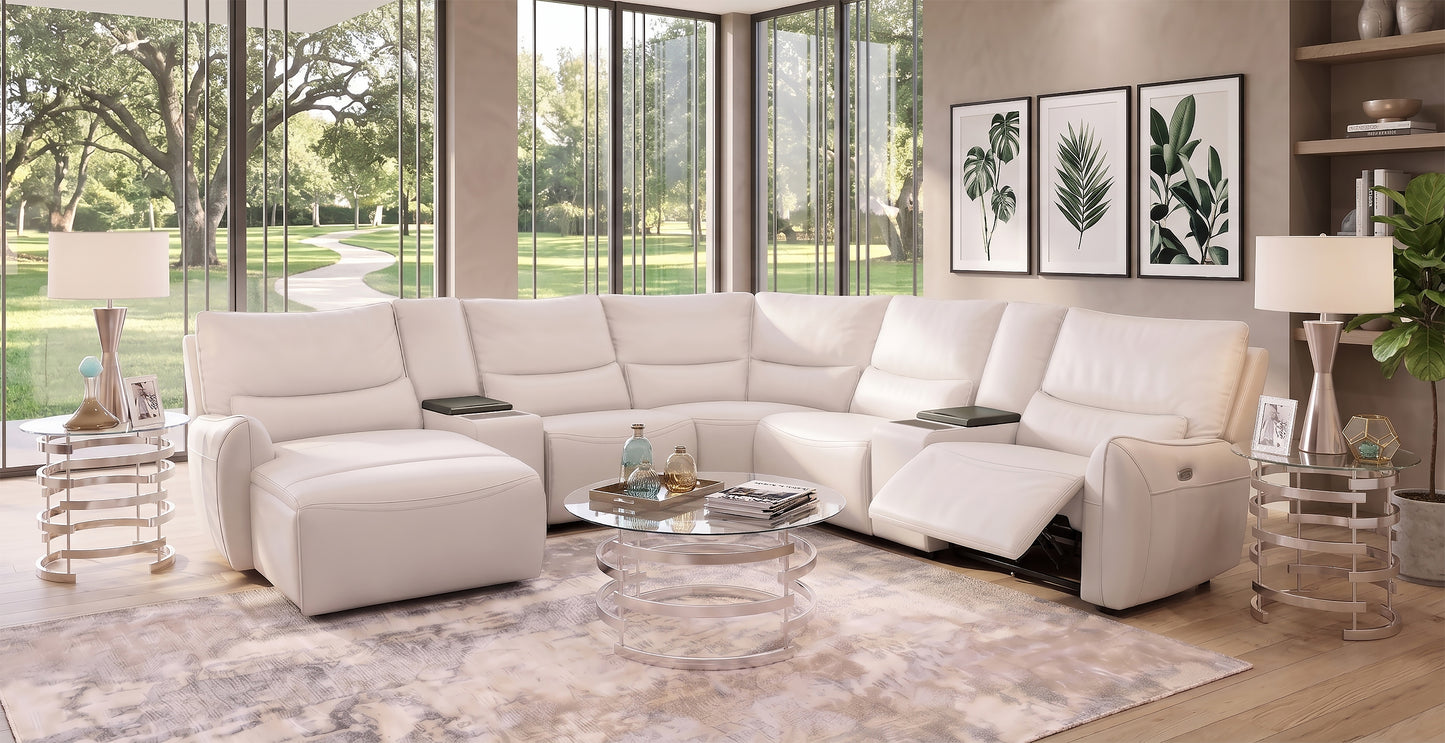 Senna White 7 Piece Leather Zero Gravity Dual Power Reclining Sectional with Left Arm Facing Chaise and 2 Cooling Console