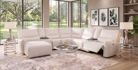 Senna White 7 Piece Leather Zero Gravity Dual Power Reclining Sectional with Left Arm Facing Chaise and 2 Cooling Console