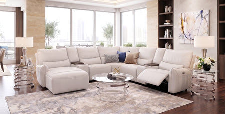 Senna White 7 Piece Leather Zero Gravity Dual Power Sectional with Left Arm Facing Chaise, Storage Console, and Cooling Console