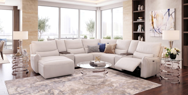 Senna White 7 Piece Leather Zero Gravity Dual Power Sectional with Left Arm Facing Chaise, Storage Console, and Cooling Console